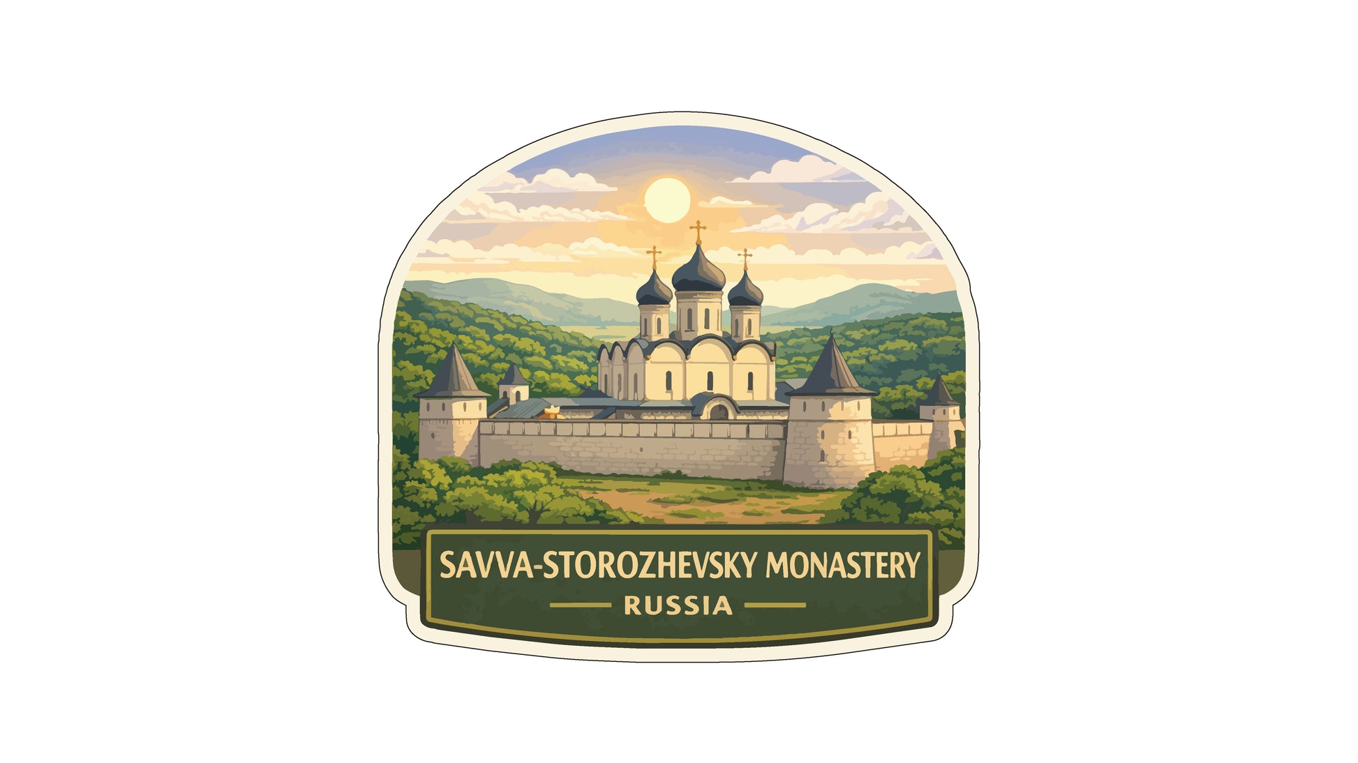 a sticker or label with an illustration of the Sava-Strozhevy Monastery in Russia. The monastery is surrounded by a castle-like structure, with a mountainous landscape in the background. The sky is filled with clouds, and the sun is shining brightly. The label includes the text "SAVVA-STROZHEVY MONASTERY - RUSSIA" at the bottom, indicating the location and name of the monastery.