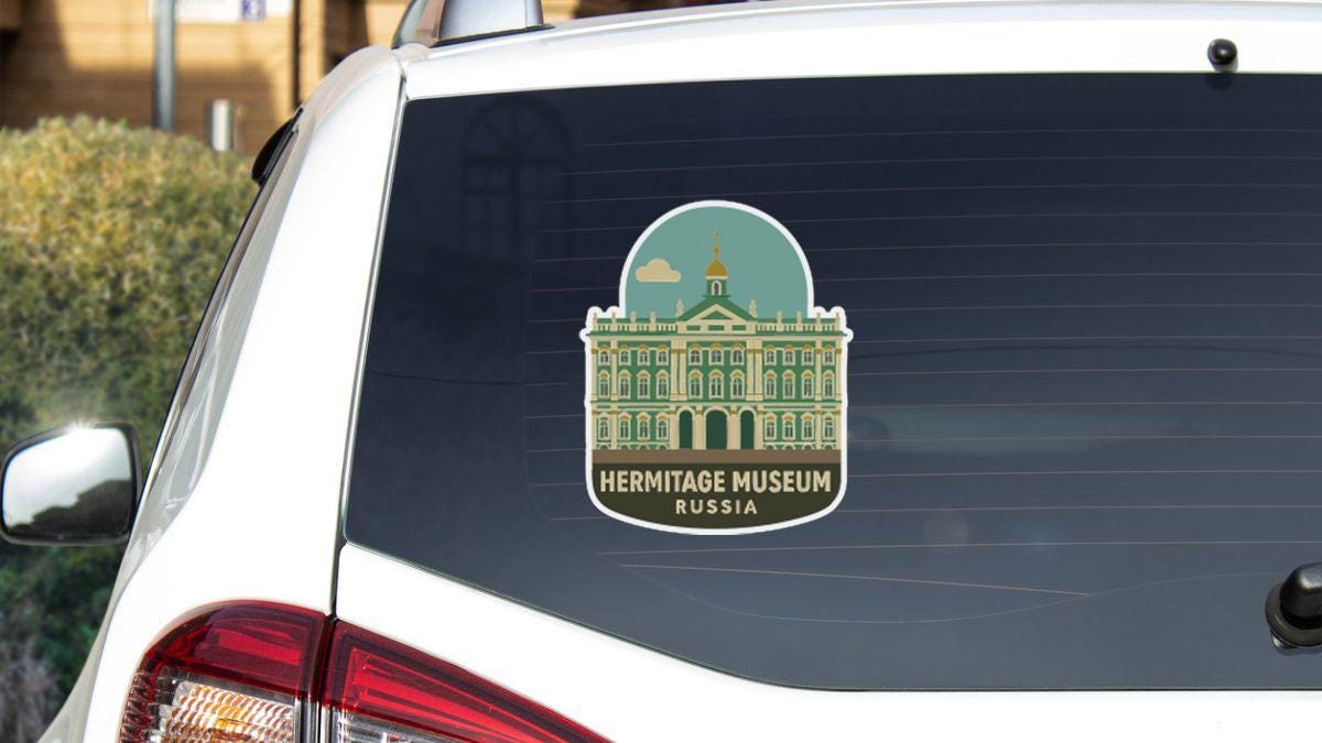 a sticker on the rear window of a car that displays the Hermitage Museum in Russia.