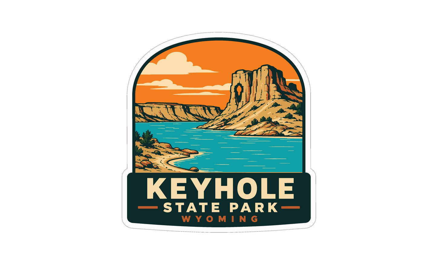 a sticker or label with a scenic landscape depicting a mountain, a lake, and a cloudy sky. The text "KEYHOLES STATE PARK WYOMING" is prominently displayed, indicating the location or theme of the image.