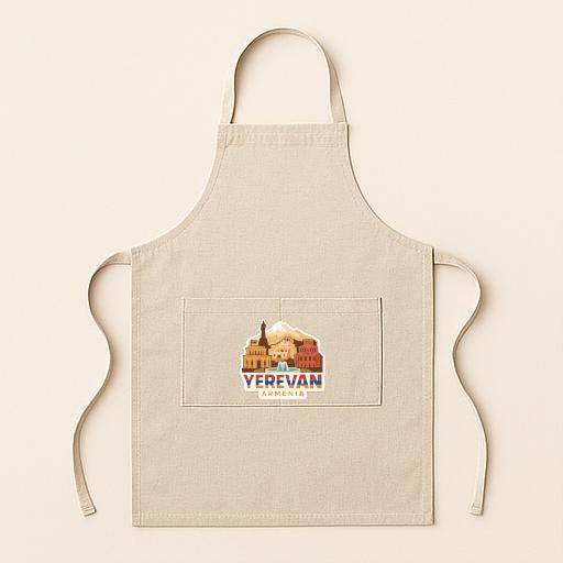A beige apricot with a graphic design on the front pocket, featuring a cityscape with a mountain and buildings.