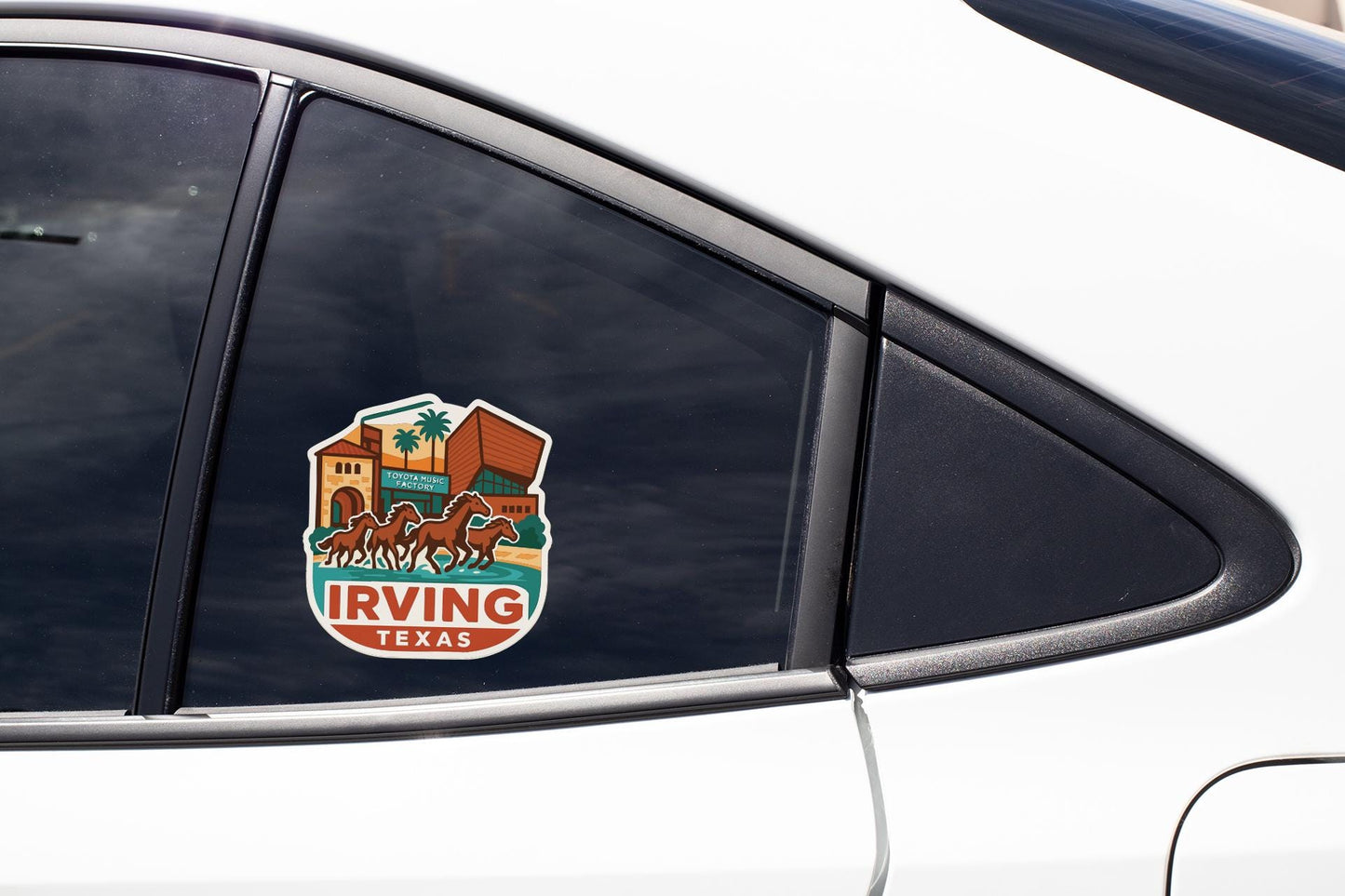 A car window sticker with an illustration of a building and palm trees, along with the text "IRVING TEXAS".