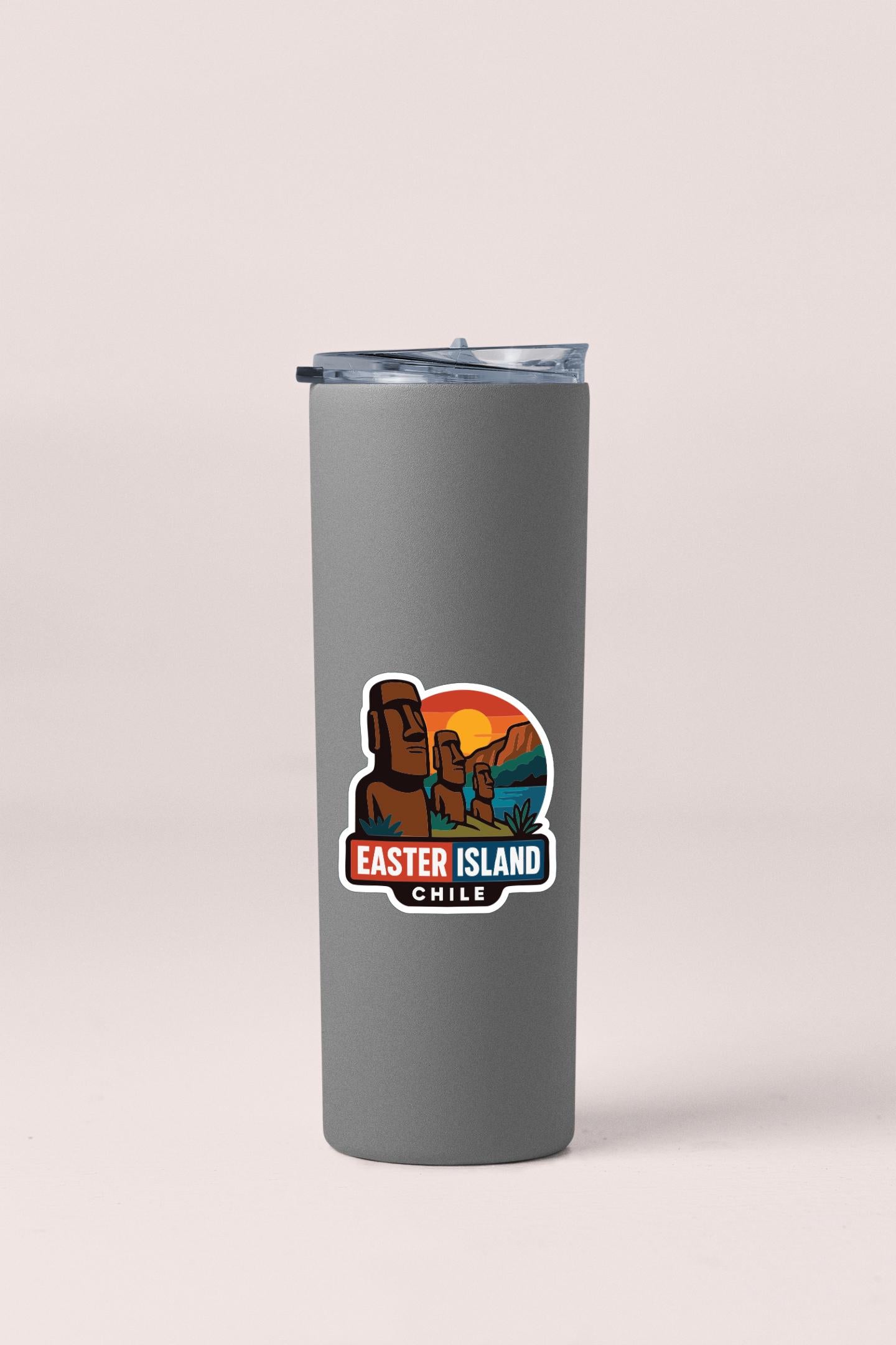 A gray insulated tumbler with a colorful Easter Island logo and text.