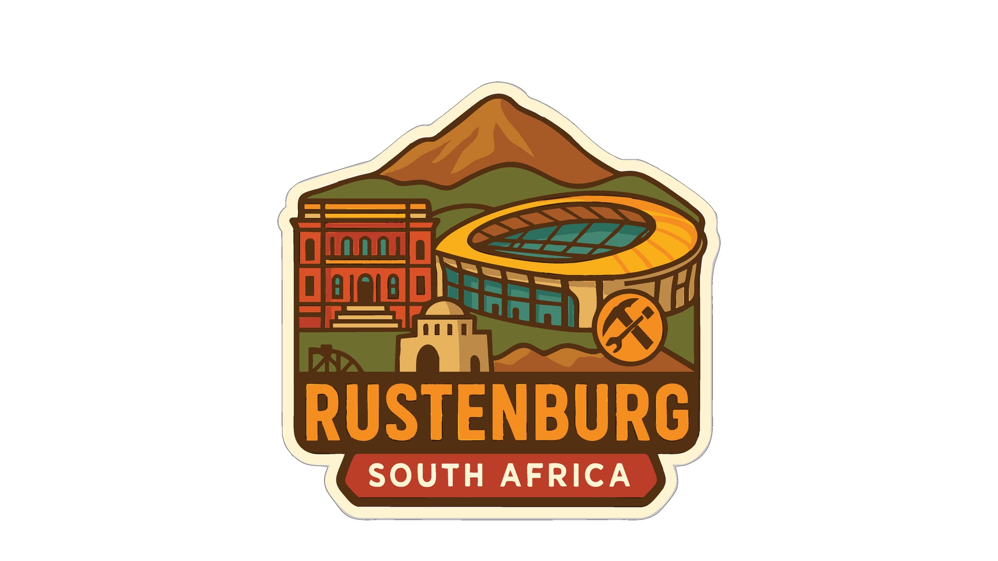 The image is a sticker or emblem featuring the city of Rustenburg, South Africa. It includes a mountain, a stadium, and various landmarks, all set against a colorful background.