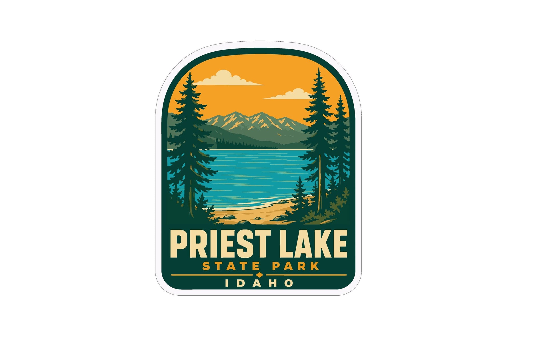 A sticker or emblem featuring a scenic landscape with pine trees, mountains, and a lake, with the text "PRIEST LAKE STATE PARK IDAHO" prominently displayed.