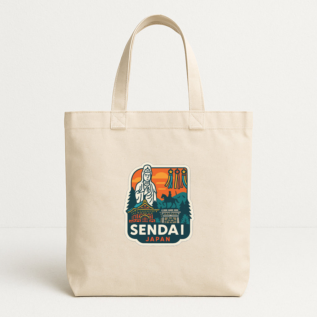 A beige tote bag with a colorful graphic design depicting a temple and mountains, along with the text "SENDAI JAPAN".