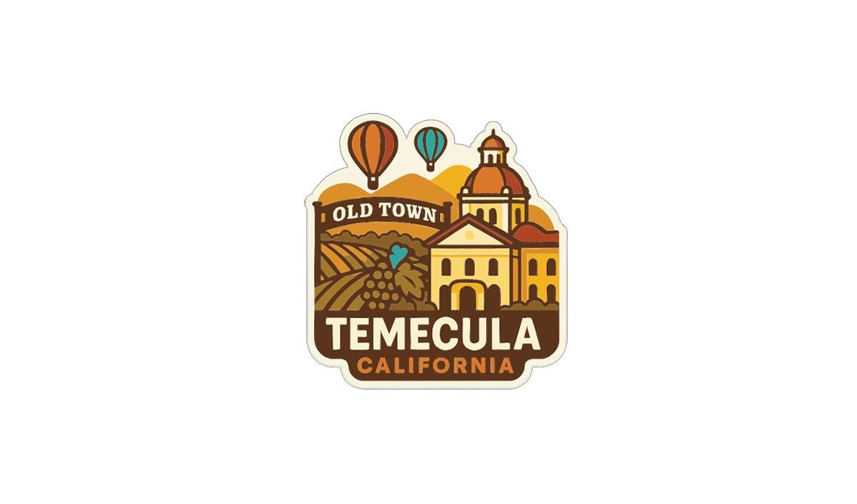 A sticker or emblem featuring the town of Temecula, California, with a variety of landmarks and elements such as hot air balloons, buildings, and a landscape.