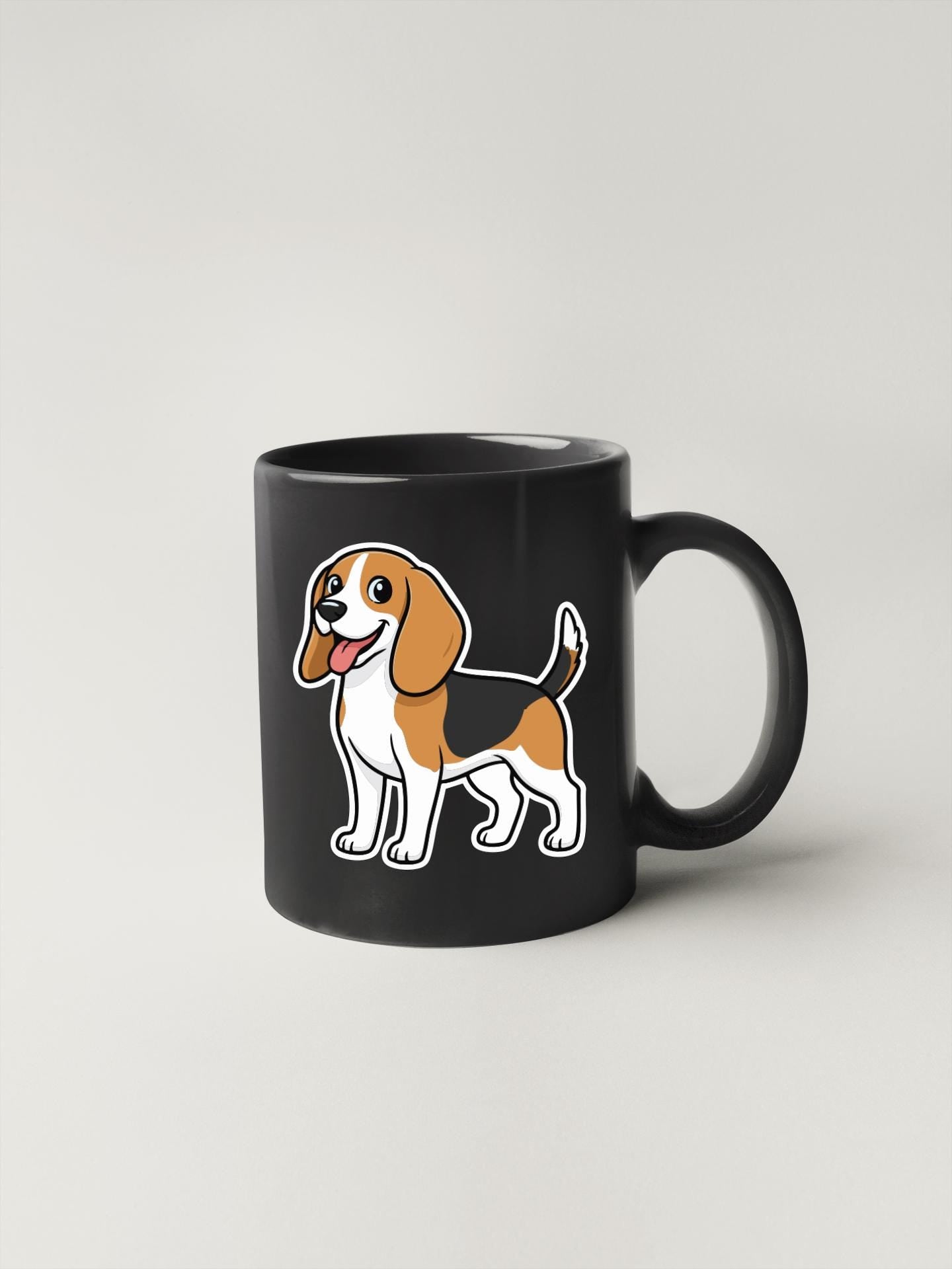 A black coffee mug with a cartoon illustration of a beagle dog on it.