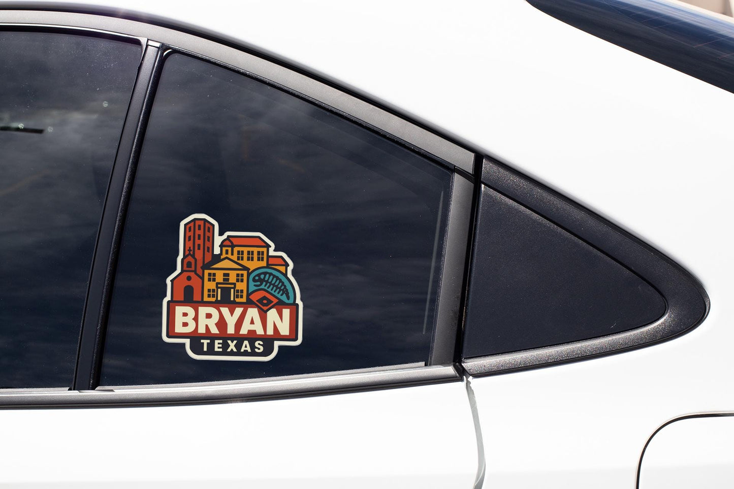 A sticker on the side of a car window that says "BRYAN TEXAS".