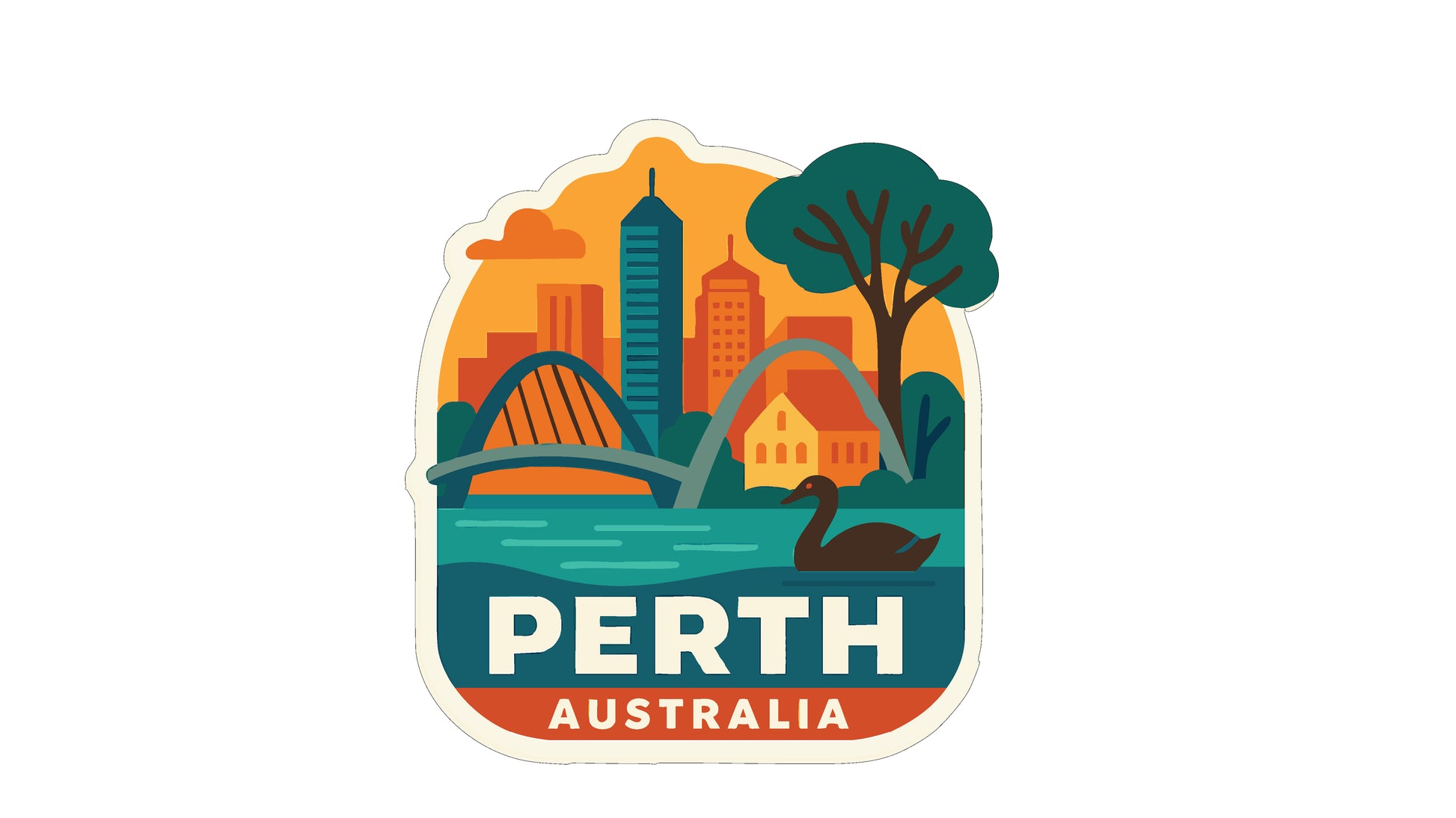 A sticker depicting the city of Perth, Australia, with a bridge, buildings, trees, and a swan in the foreground.