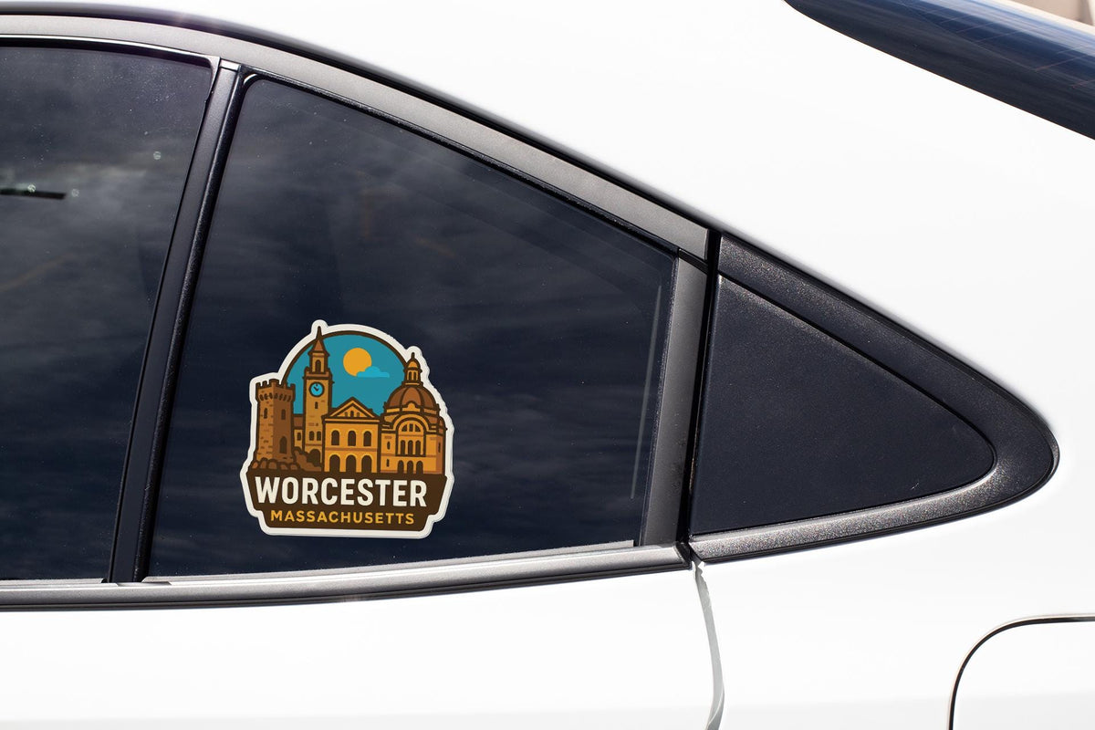A sticker on the side of a car window, depicting the city of Worcester, Massachusetts.
