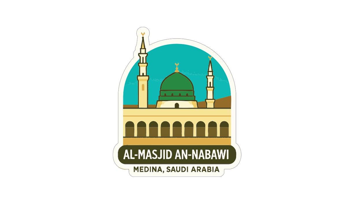 a stylized illustration of the Al-Ma'mid Mosque in Medina, Saudi Arabia, with its distinctive green dome and two minarets.