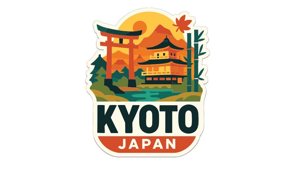 A sticker depicting a traditional Japanese temple surrounded by mountains, with a large sun in the background.