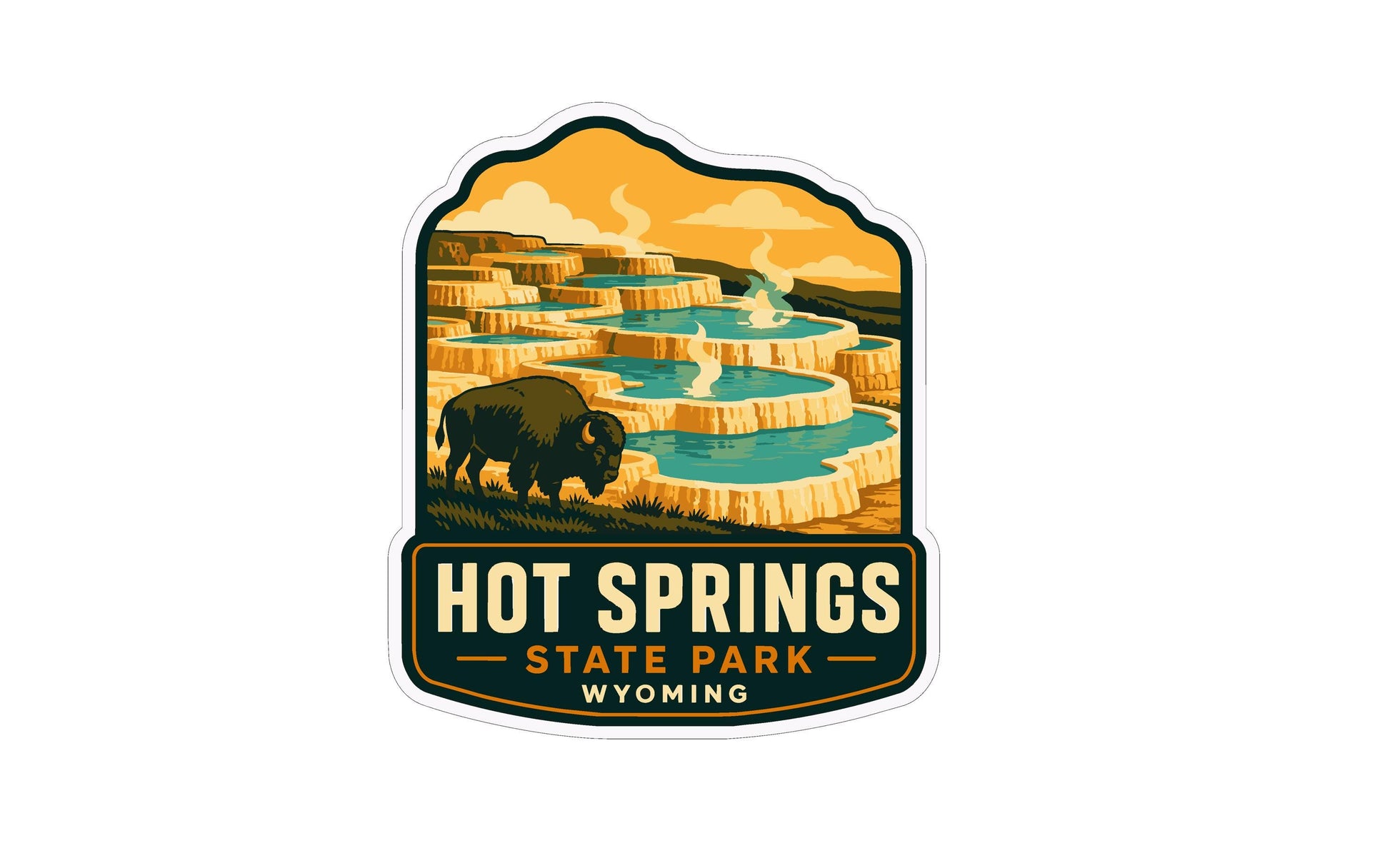 A stylized illustration of a buffalo in a scenic landscape with hot springs, mountains, and a cloudy sky, representing the Hot Springs State Park in Wyoming.