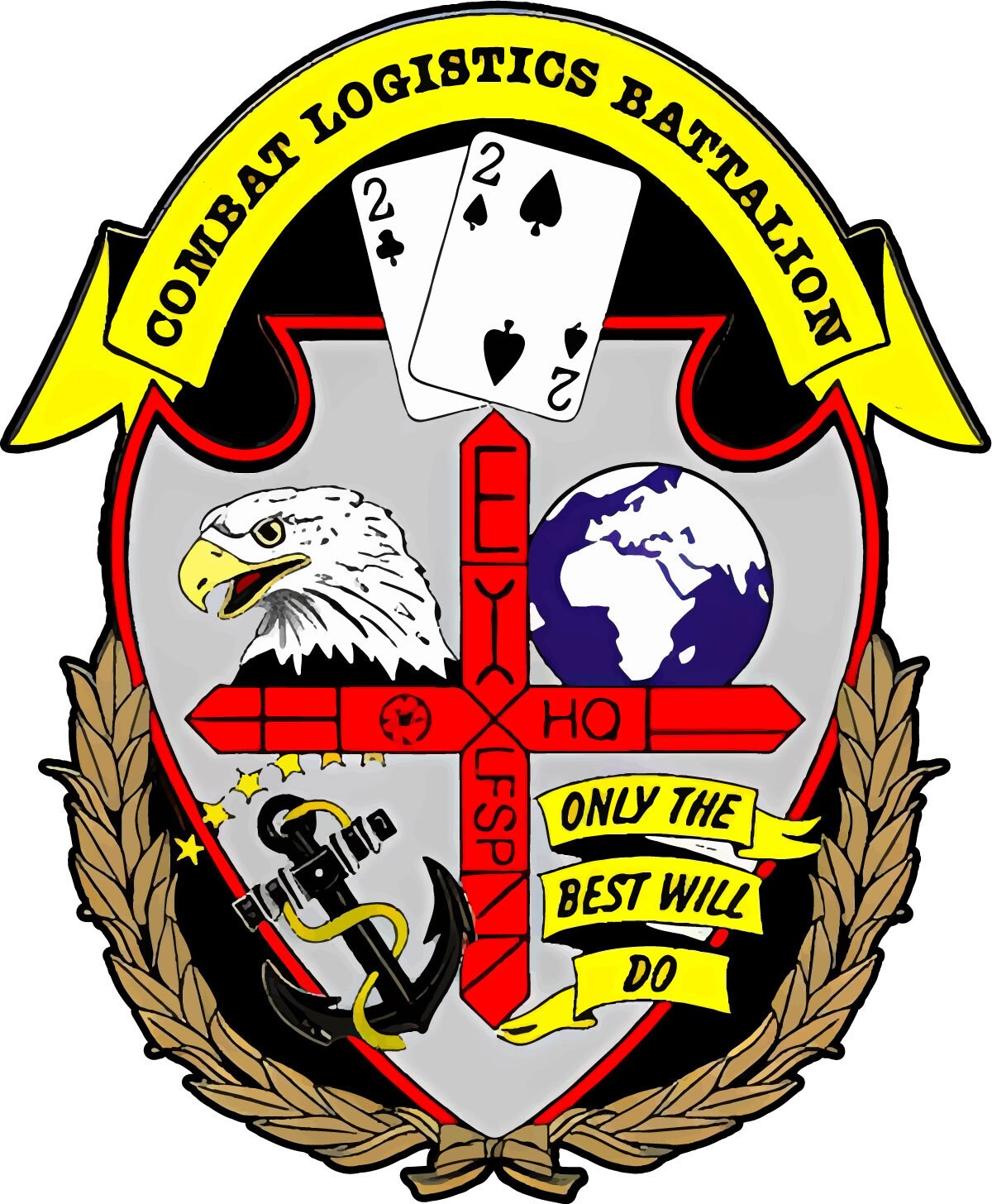 a coat of arms emblem with a eagle and two playing cards