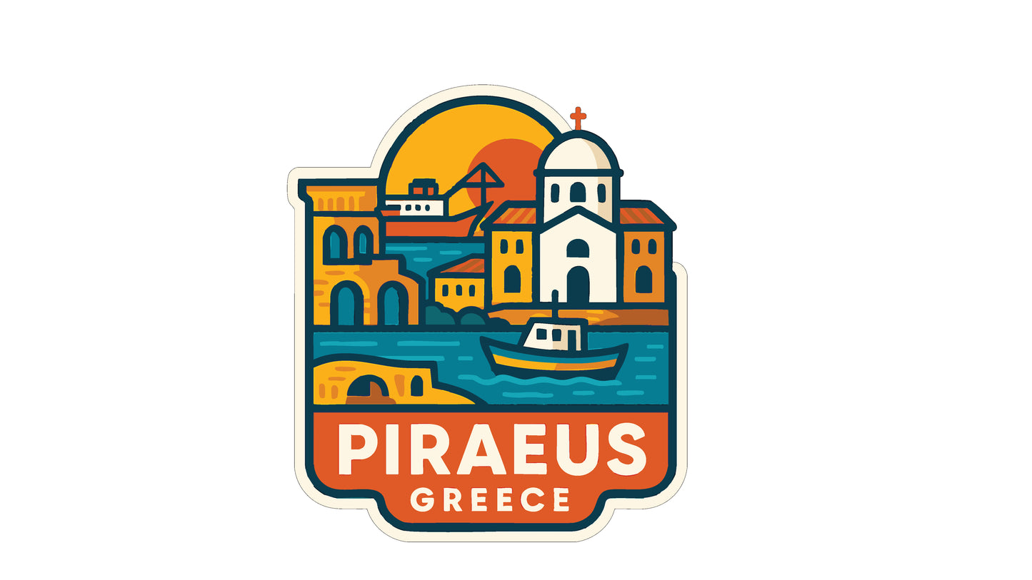 The image is a sticker or emblem featuring a stylized illustration of a Greek island with a church, boats, and a sunset.