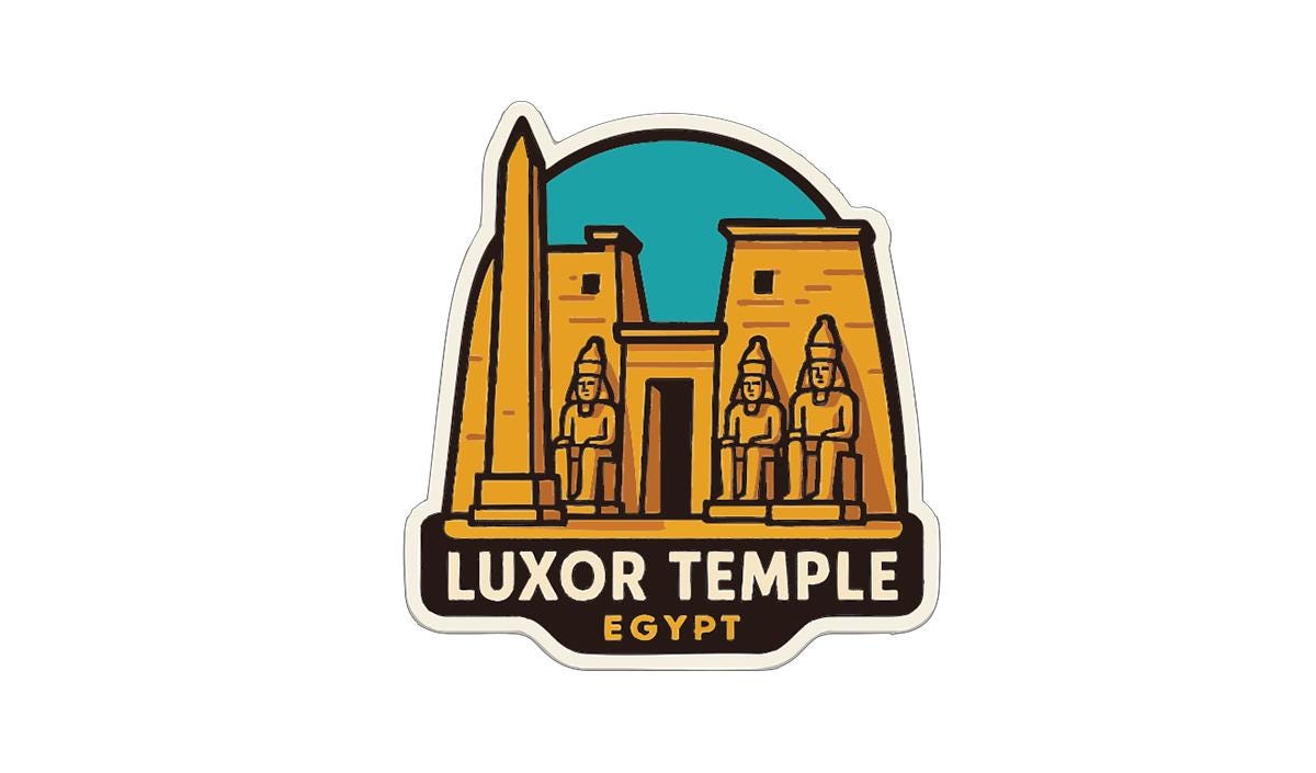 a stylized illustration of Luxor Temple, an ancient Egyptian landmark, with two statues of pharaohs in front of the temple.