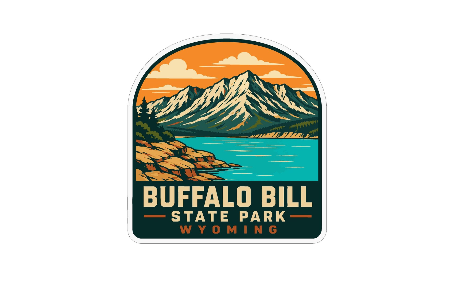 A sticker or logo depicting Buffalo Bill State Park in Wyoming, featuring a mountain landscape with a lake and a cloudy sky.