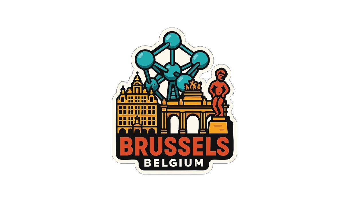 a sticker or logo depicting the city of Brussels, Belgium, with various landmarks and symbols associated with the city.