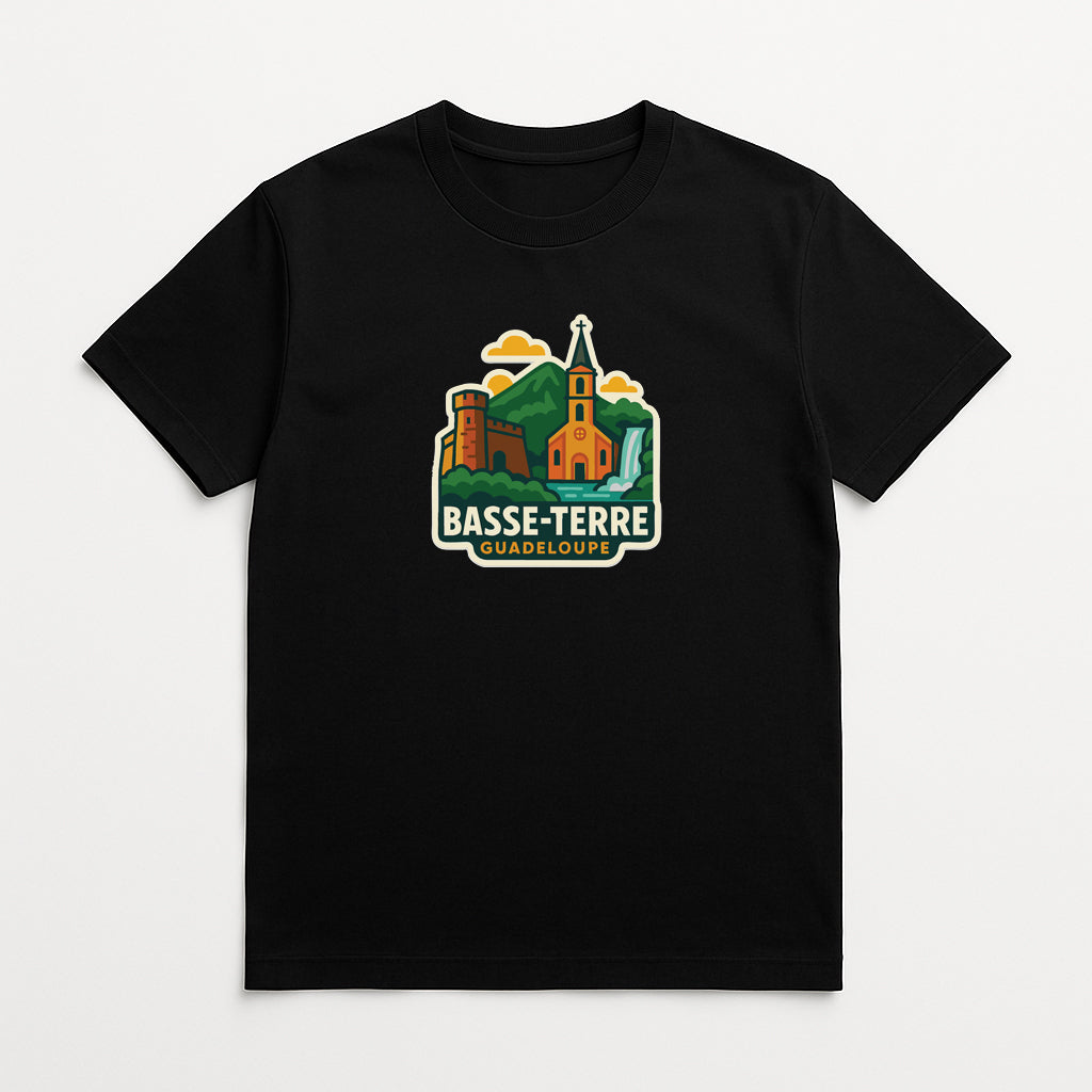 A black t-shirt with a graphic design depicting a church and a castle, along with the text "BASSE-TERRE QUADELOCUPE" printed on it.