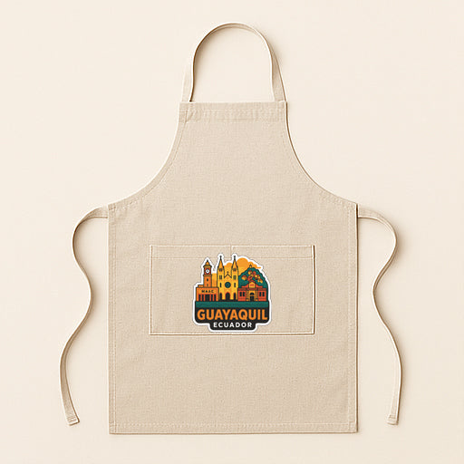 A beige apricot with a graphic of the city of Guayaquil, Ecuador, printed on it.
