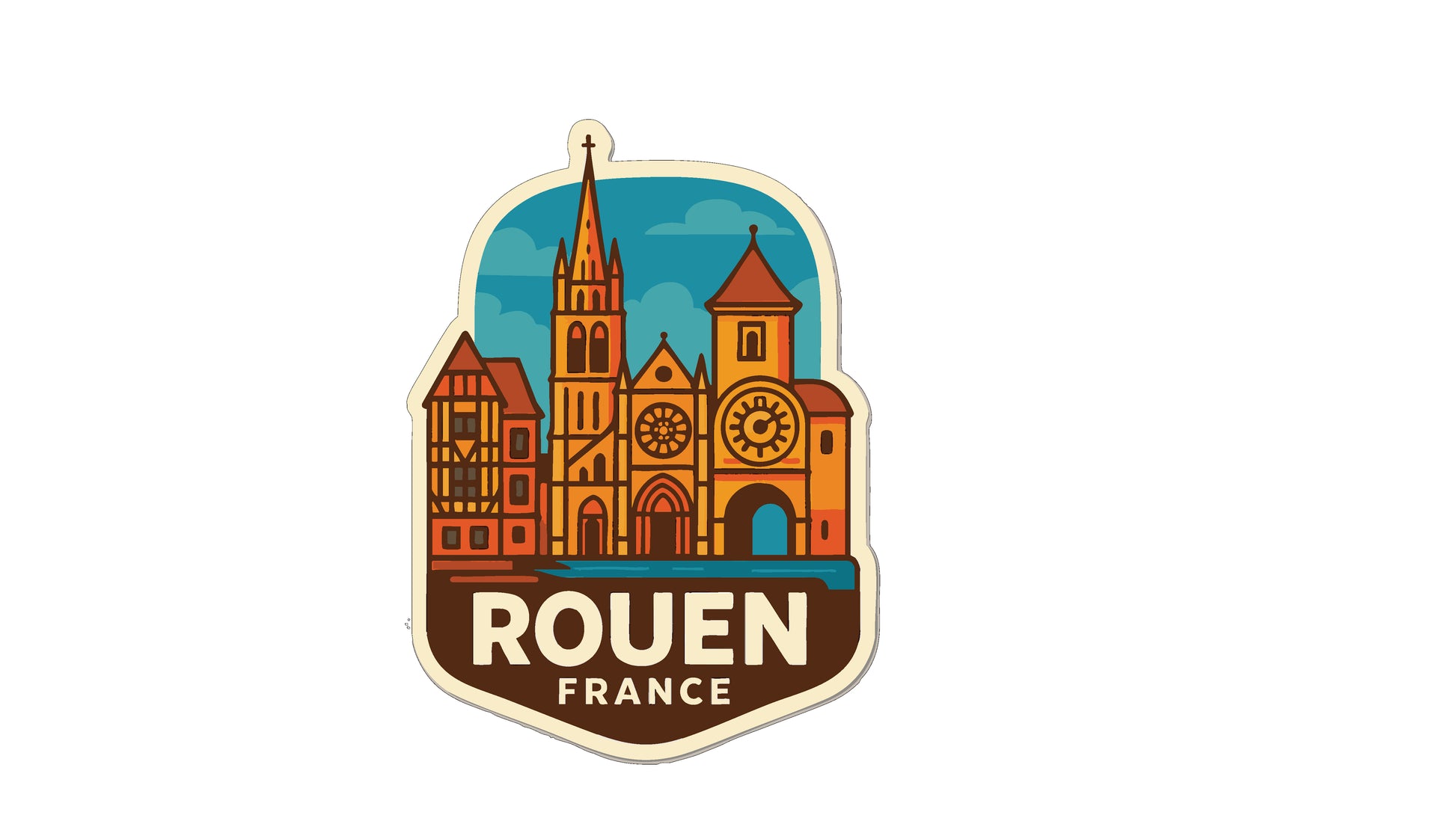 a sticker or emblem with a stylized illustration of a cityscape, including a church, buildings, and a clock.