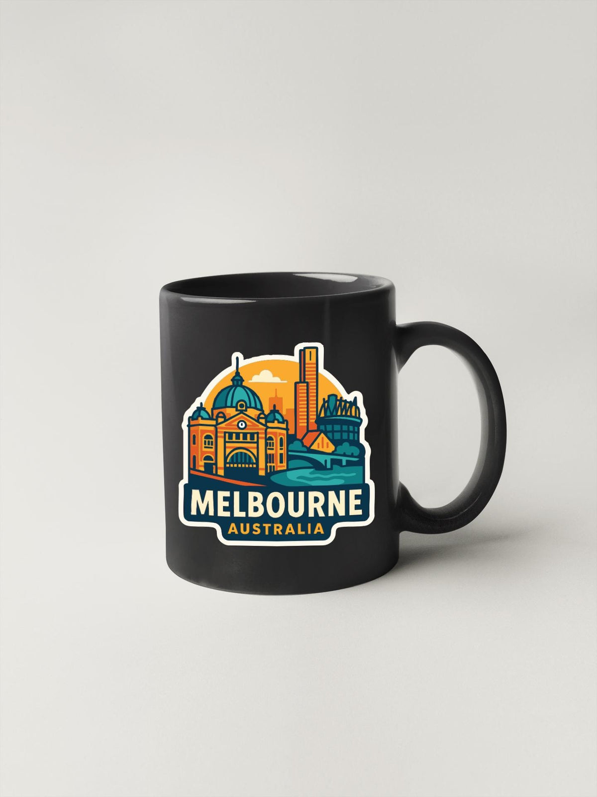 A black coffee mug with a colorful illustration of Melbourne, Australia, featuring iconic landmarks and buildings.
