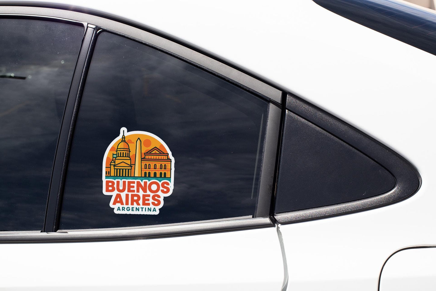 A sticker on the side of a car window that says "Buenos Aires" and features an illustration of a building.
