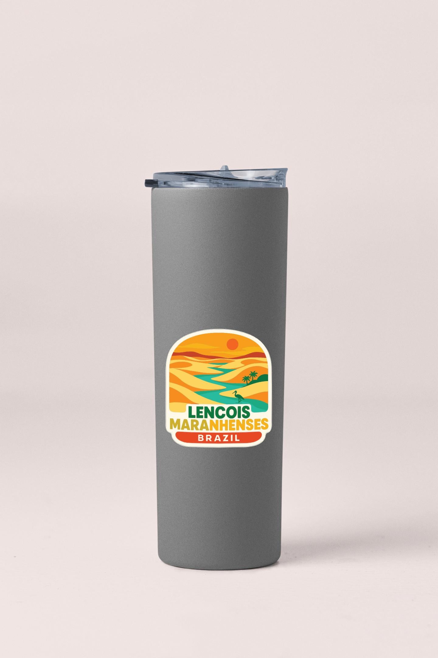 A gray insulated tumbler with a label that says "LENCOIS MARANHENESES BRASIL".