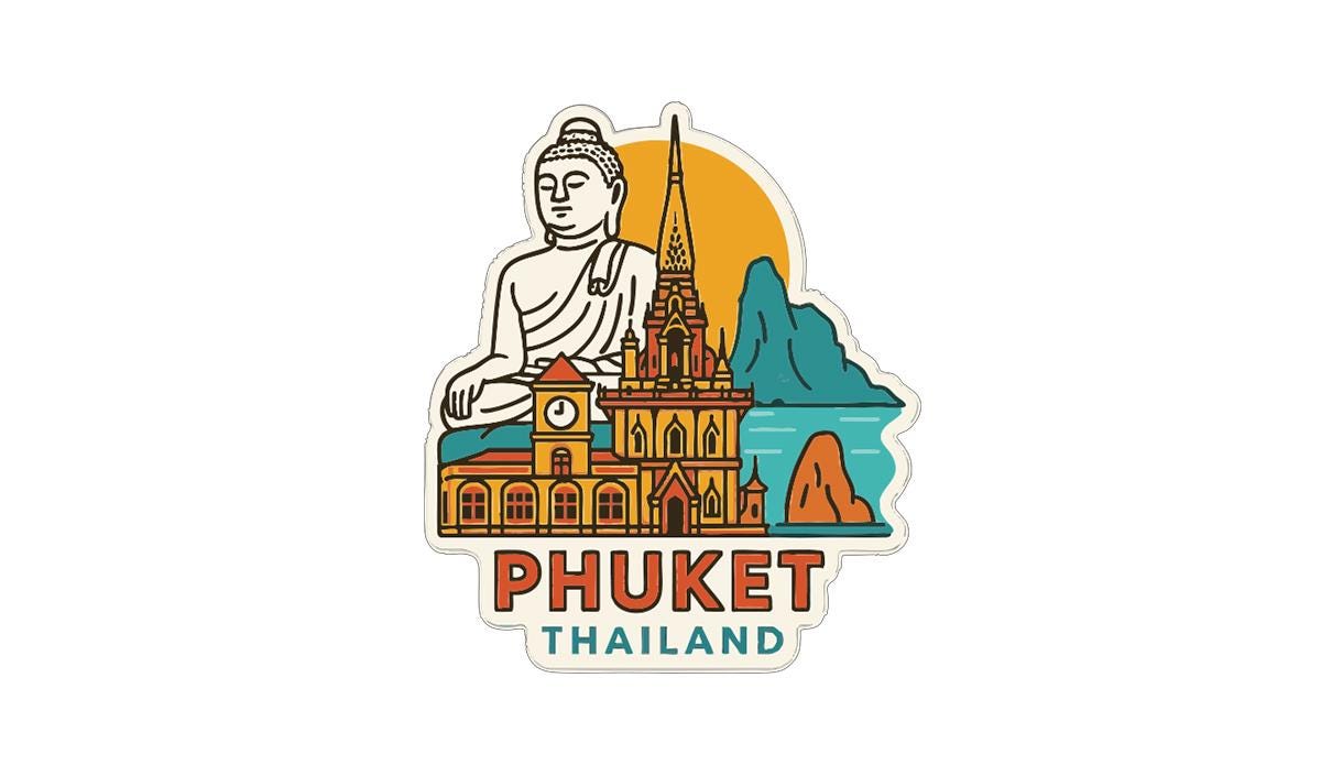 A sticker depicting the Buddha statue in Phuket, Thailand, surrounded by various landmarks and buildings, with the text "PHUKET THAILAND" below.