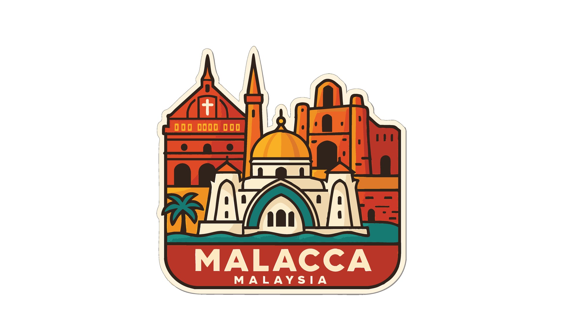 A sticker or illustration depicting the Malacca district in Malaysia, featuring various landmarks and buildings in a stylized, colorful design.