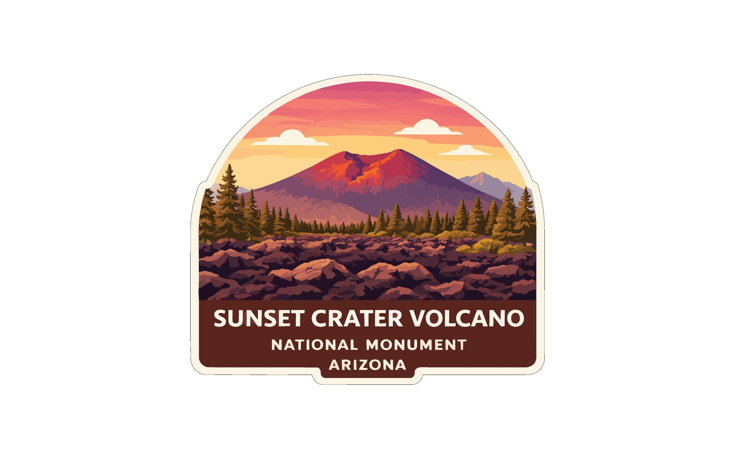 a sticker or label with a scenic landscape depicting a mountain range, pine trees, and a sunset. The text on the sticker reads "SUNSET CRATER VOLCANO NATIONAL MONUMENT ARIZONA".