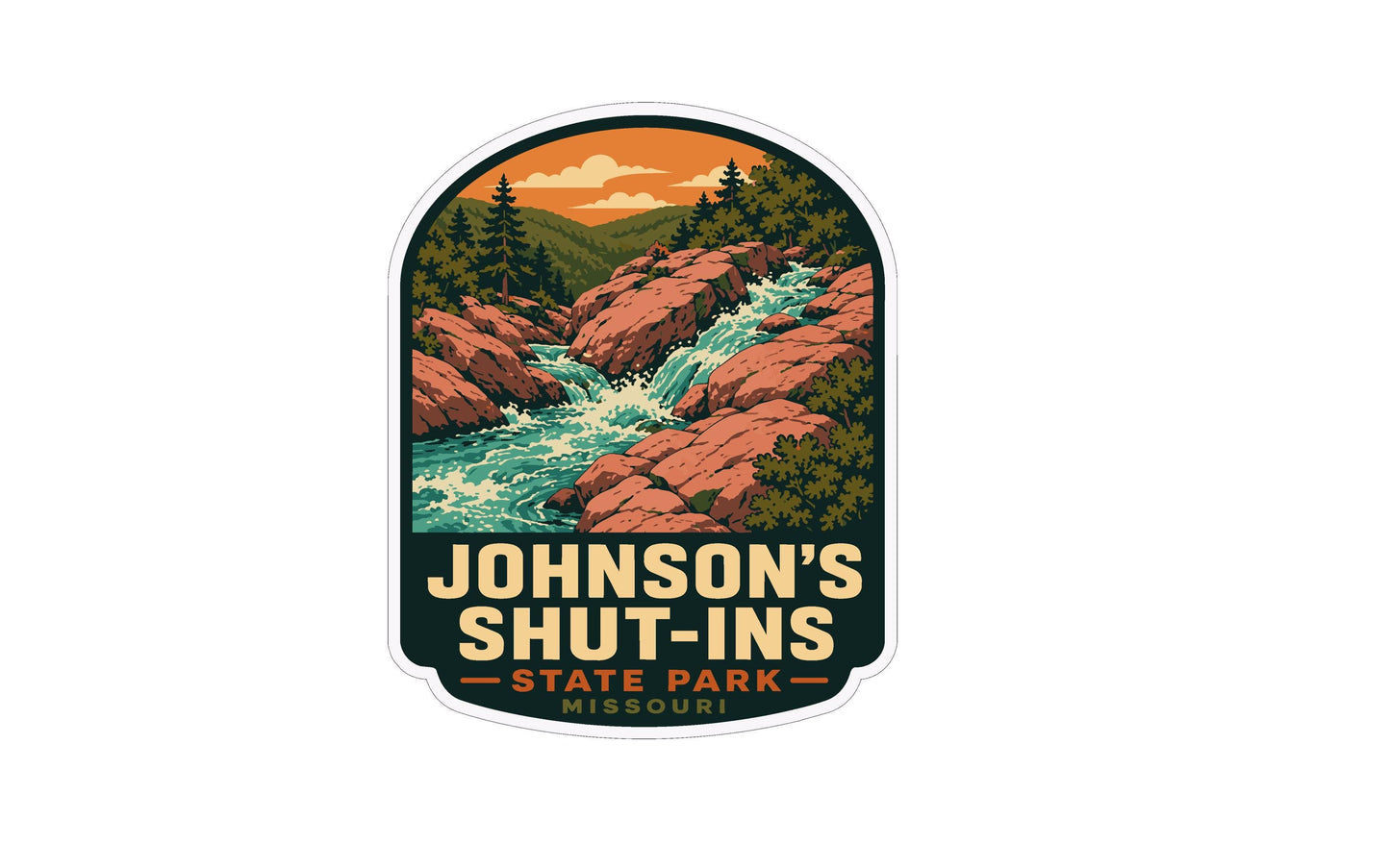 A sticker or emblem featuring a scenic landscape with a river, mountains, and trees, along with the text "Johnson's Shut-Ins State Park, Missouri".
