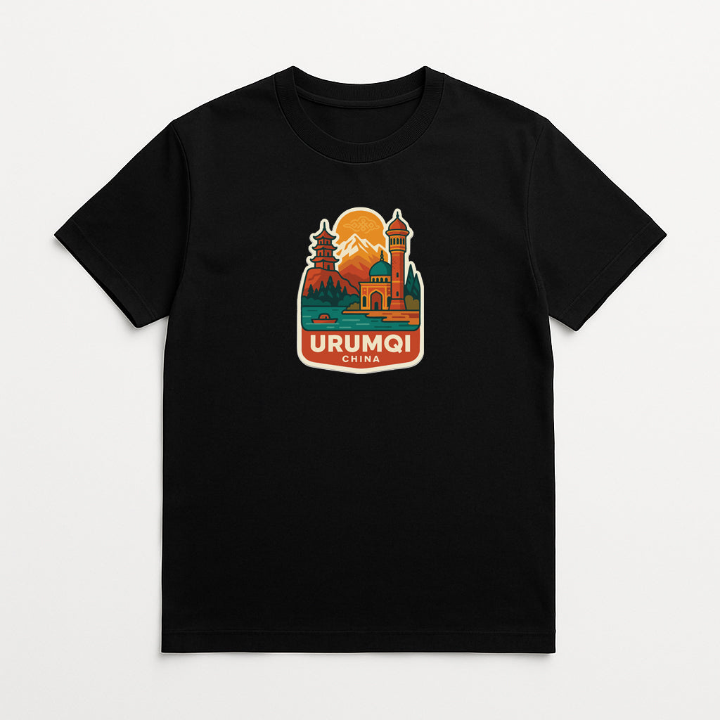 A black t-shirt with a colorful graphic design depicting a temple, mountains, and a sunset.