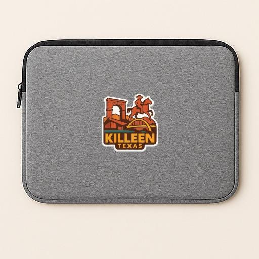 a gray laptop sleeve with a logo of Killeen, Texas.