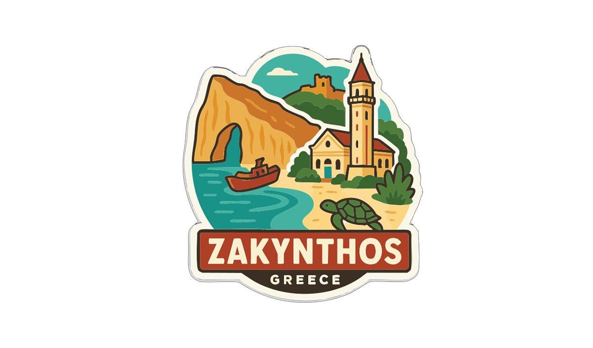 a sticker or emblem with various elements representing the Greek island of Zakynthos. It includes a lighthouse, a boat, a castle, a mountain, and a turtle. The text "ZAKYNTHOS GREECE" is prominently displayed, indicating the location of the island.