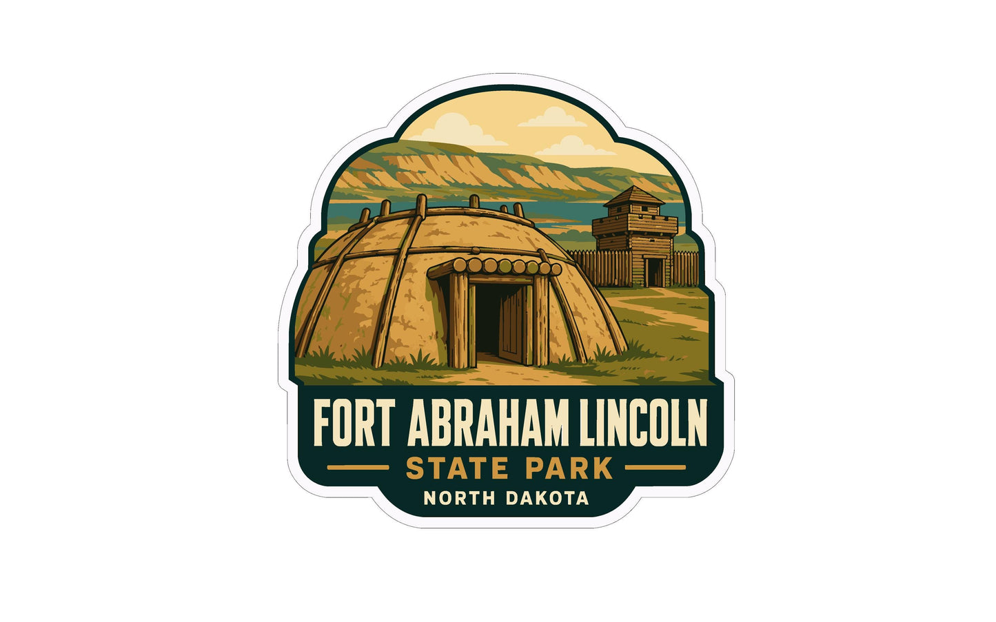 A sticker depicting Fort Abraham Lincoln State Park in North Dakota, featuring a large teepee-like structure and a tower in the background.