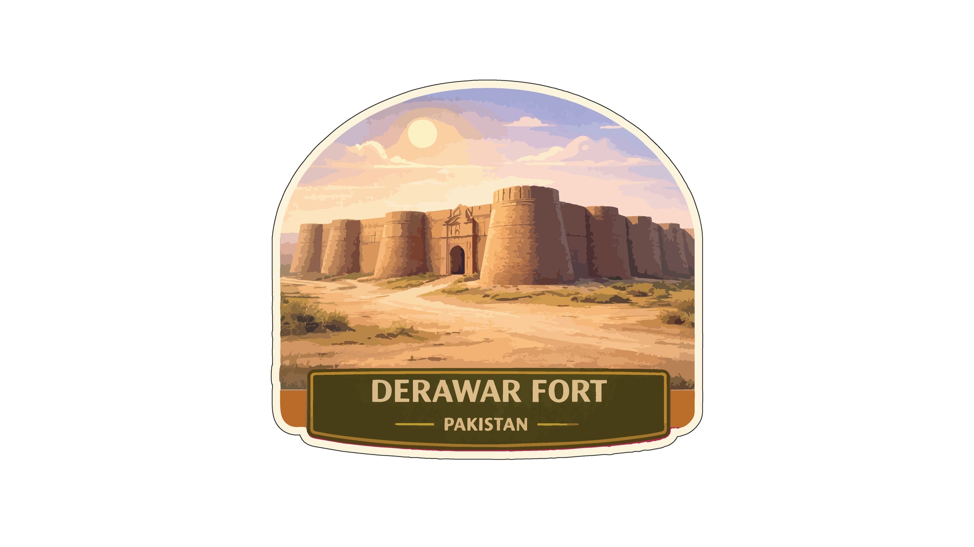 the Derawa Fort in Pakistan, featuring a large sand fort with multiple towers and walls set against a desert landscape with a bright sun in the sky.