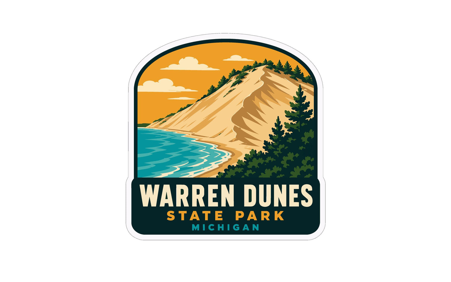 A sticker or label featuring a scenic landscape with a mountain, beach, and ocean, with the text "WARREN DUNES STATE PARK MICHIGAN" prominently displayed.