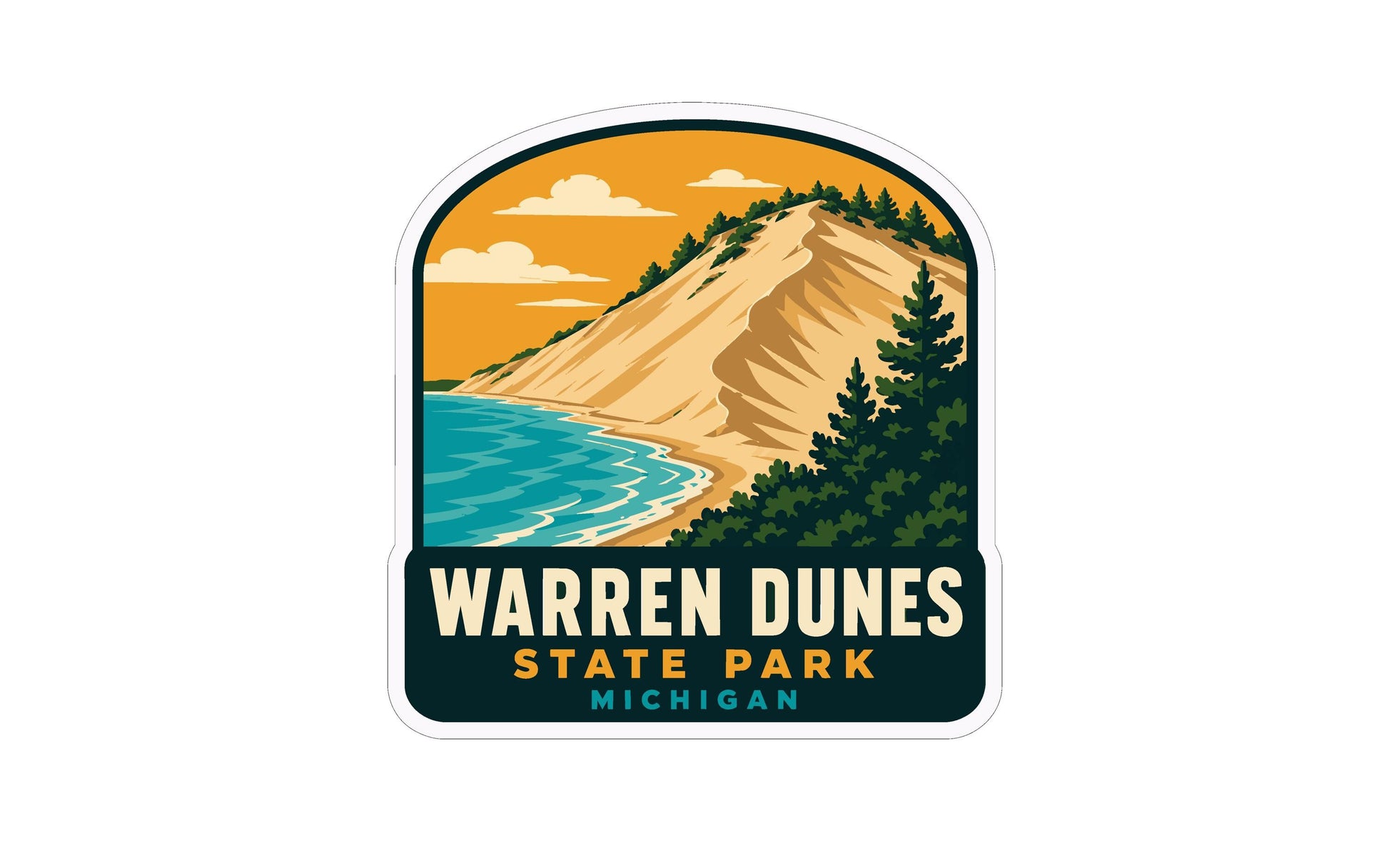 A sticker or label featuring a scenic landscape with a mountain, beach, and ocean, with the text "WARREN DUNES STATE PARK MICHIGAN" prominently displayed.