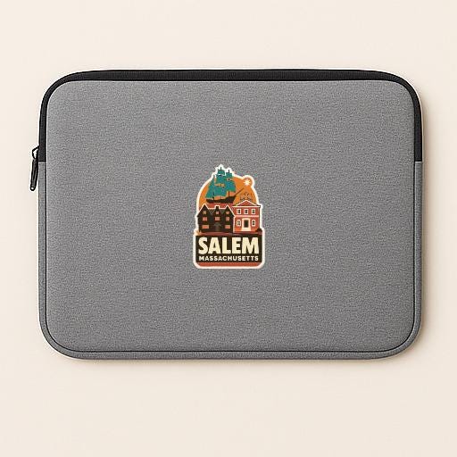 A gray laptop sleeve with a graphic design featuring a cityscape and the text "SALEM MASSACHUSETTS".