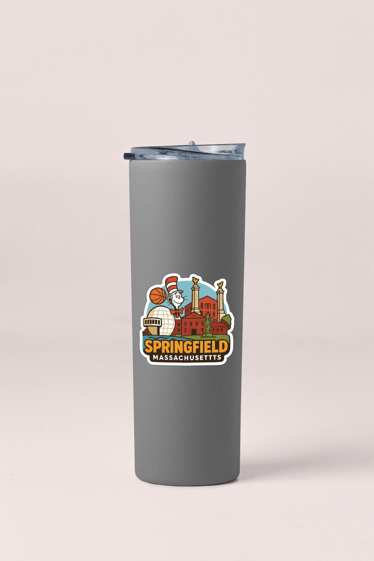 A gray insulated tumbler with a label that says "Springfield, Massachusetts" on it.