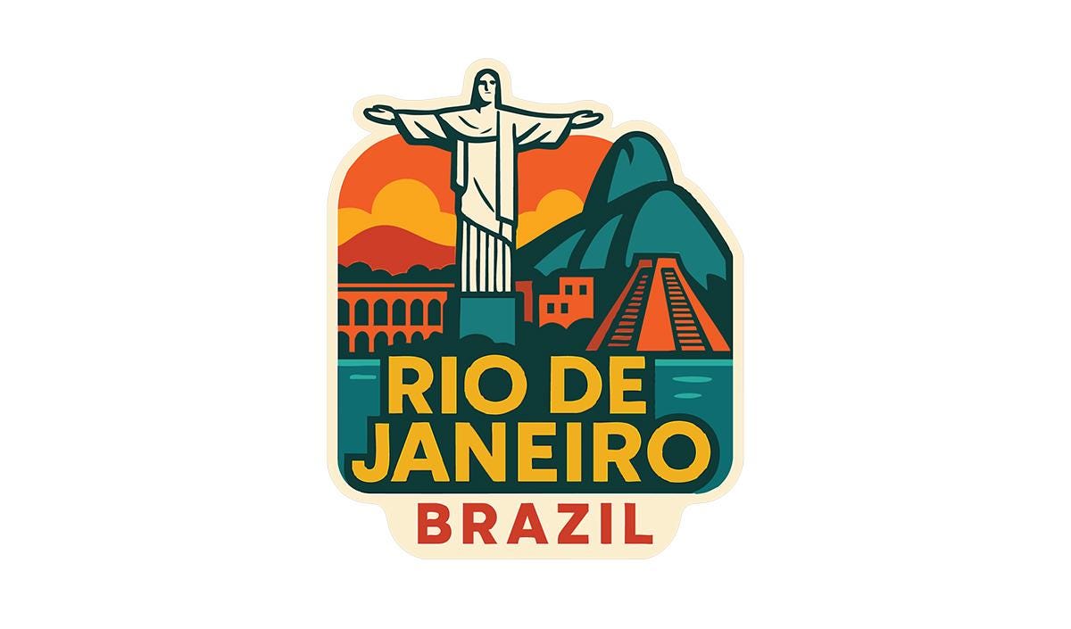 the rio de janiero logo with the statue of christ in the background