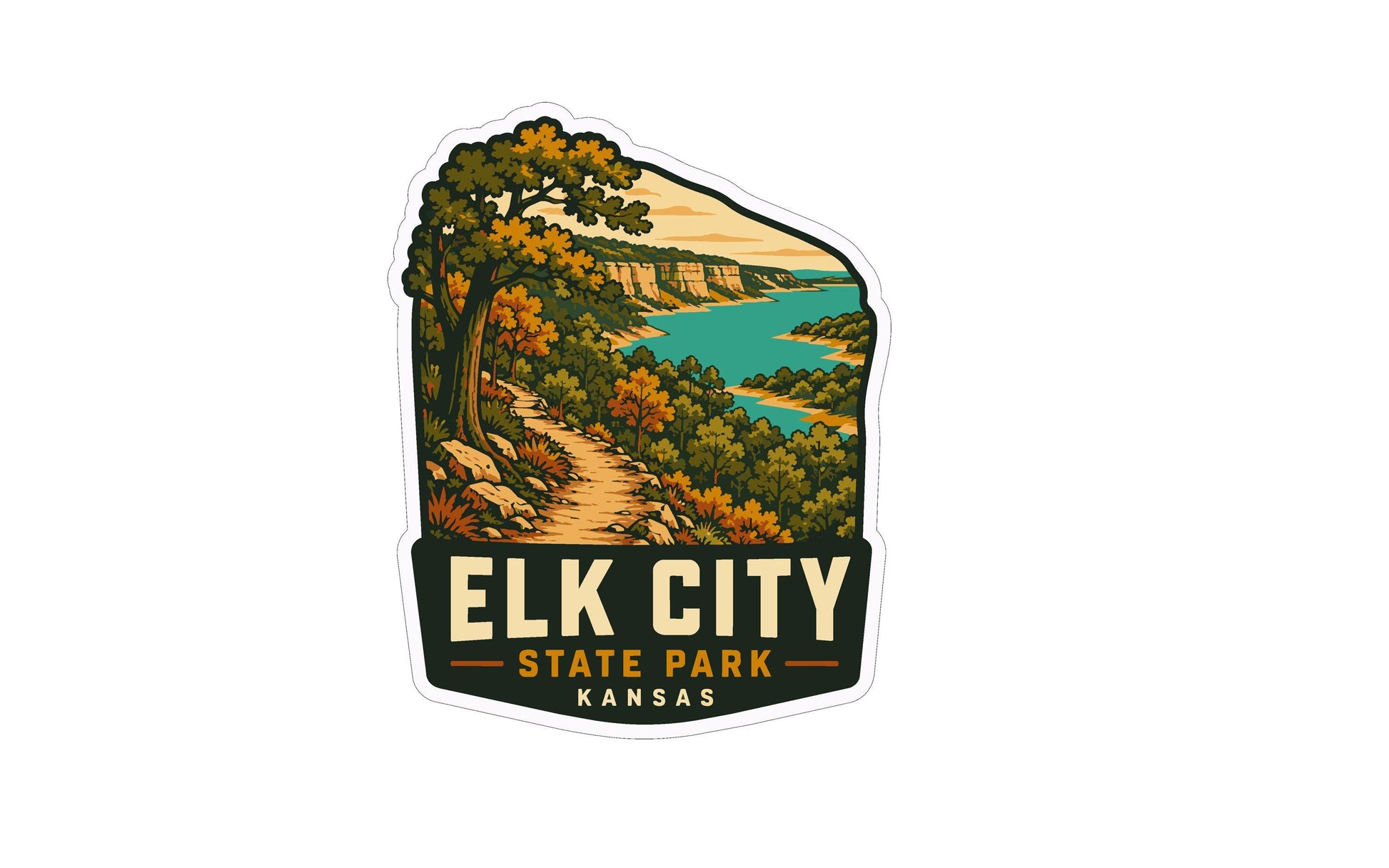 A sticker depicting a scenic landscape with a winding path, trees, and a body of water, with the text "ELK CITY STATE PARK KANSAS" prominently displayed.