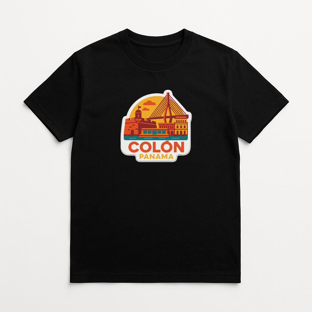 A black t-shirt with a graphic design depicting a city skyline and the text "COLON PANAMA" printed on it.