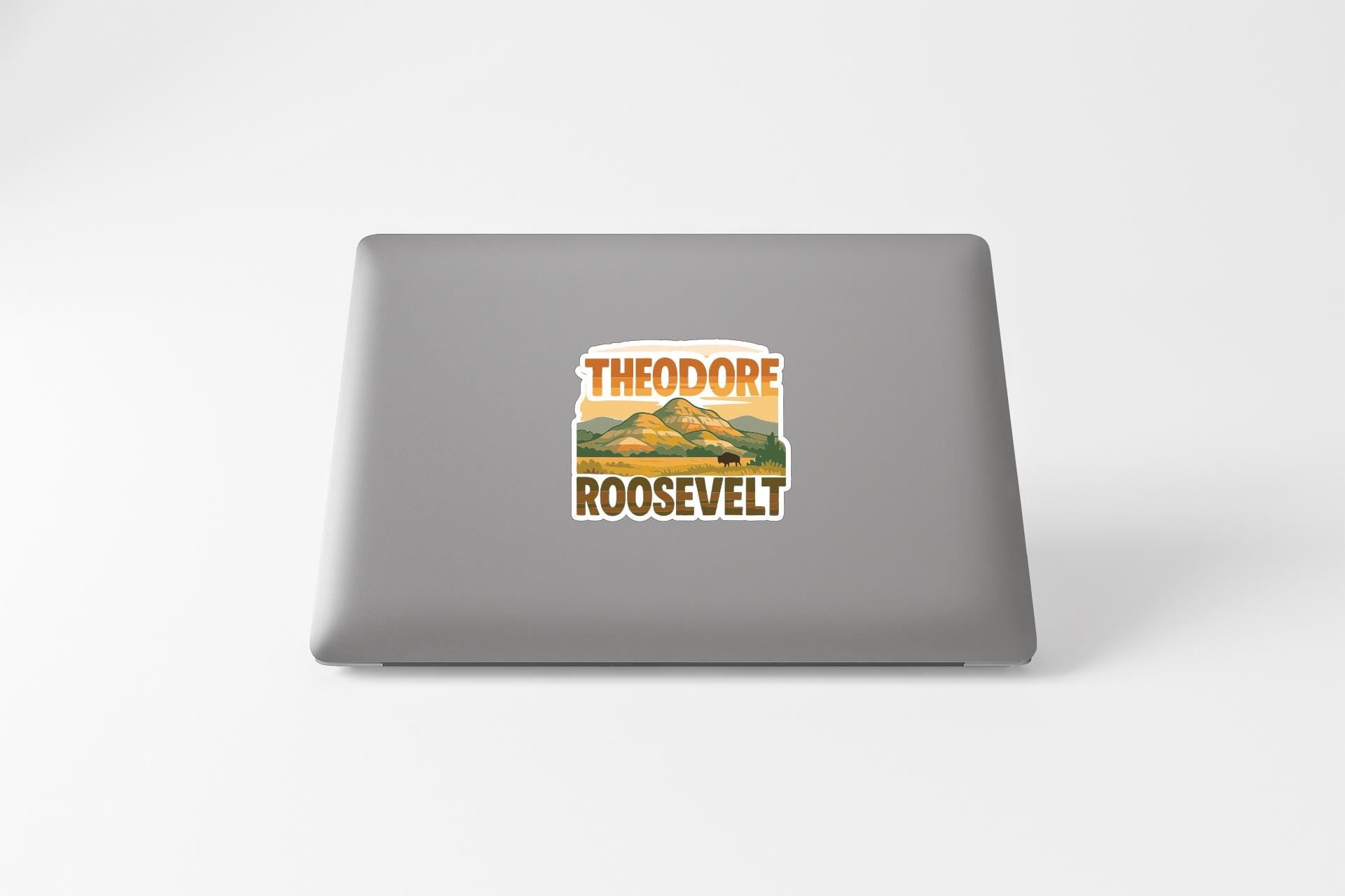 a sticker with the text "THEODORE ROOSEVELT" on the back of a laptop.