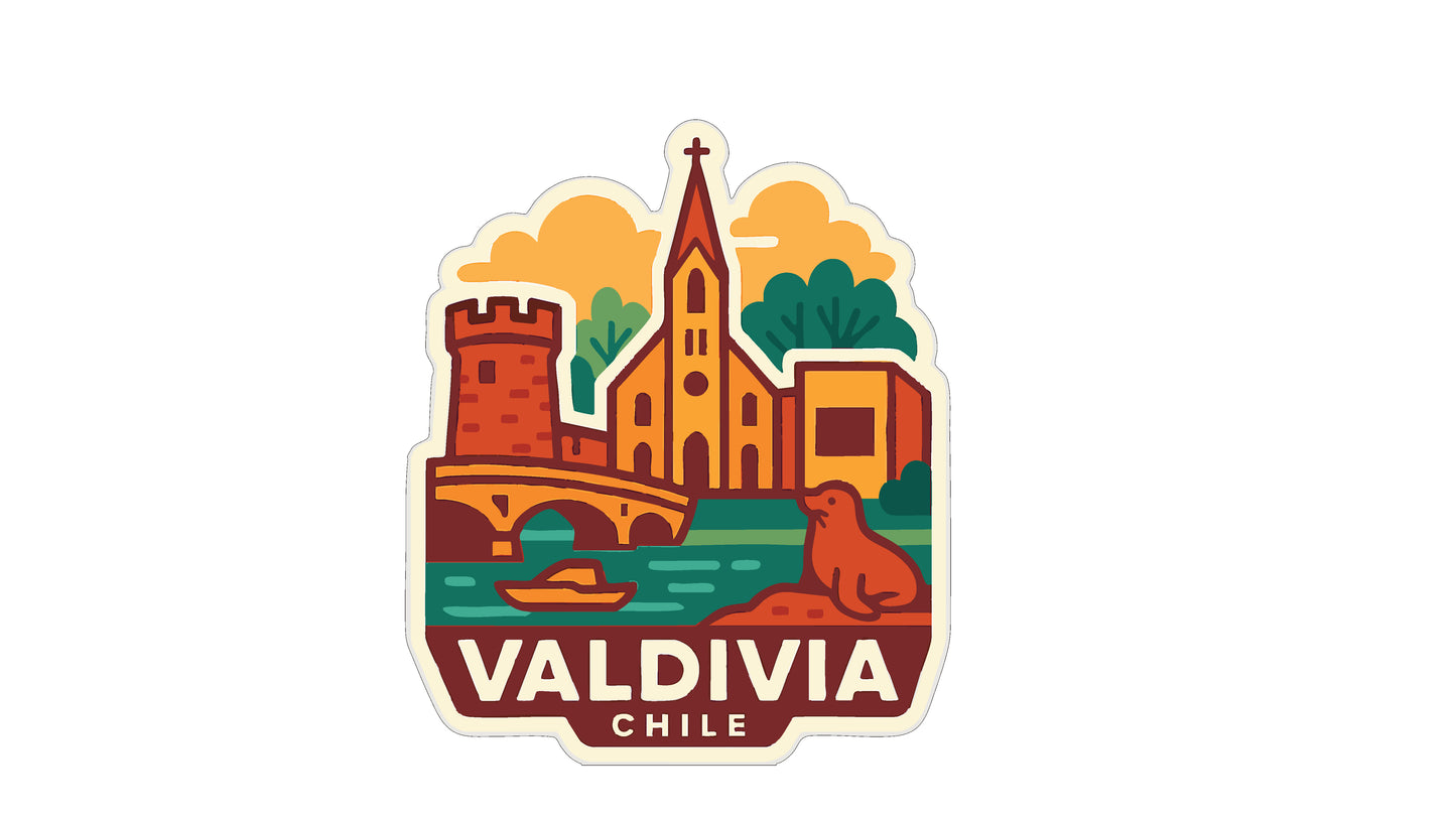 The image is a sticker or emblem featuring a castle, a bridge, and a seal, with the text "VALDIVIA CHILE" prominently displayed.