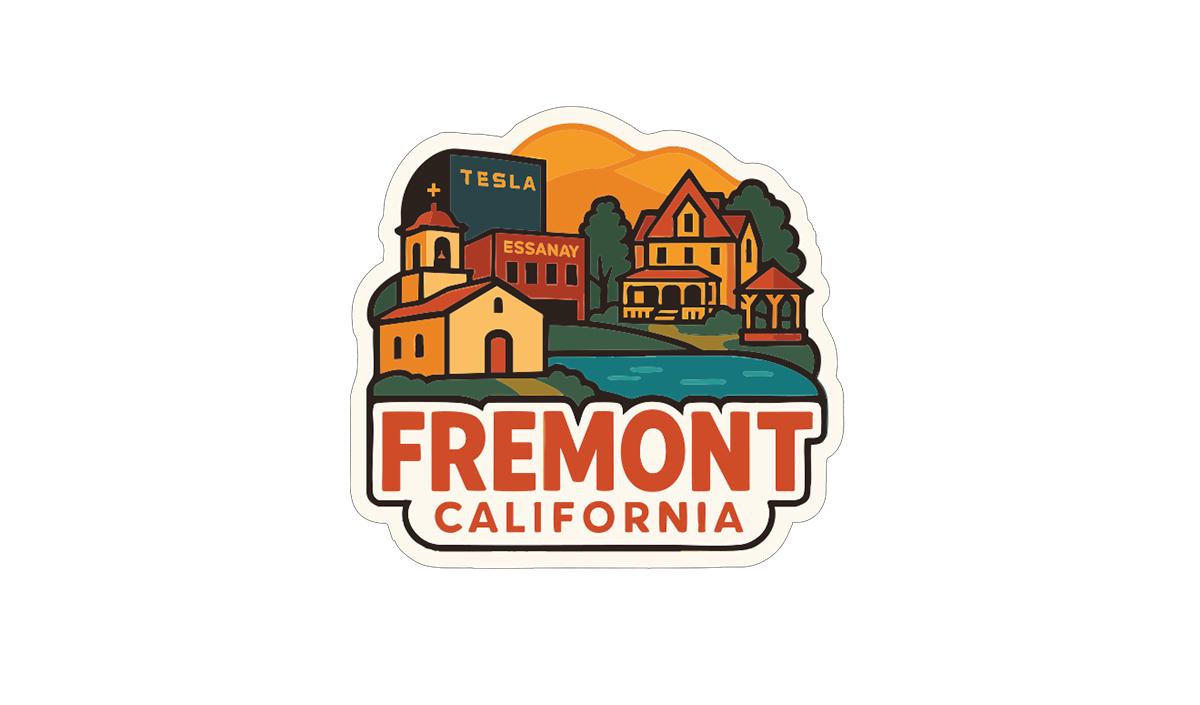 a sticker or logo with a colorful illustration of a town or city, including buildings, a river, and mountains. The text "FREMONT CALIFORNIA" is prominently displayed, indicating the location or theme of the image.