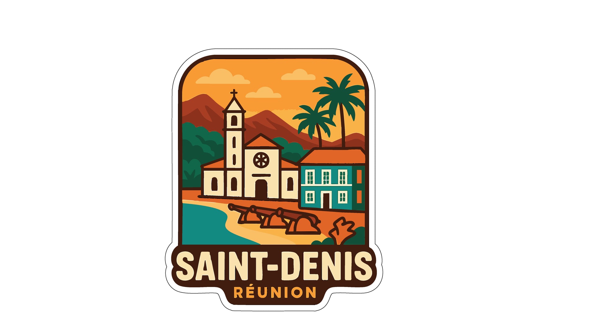 a sticker or emblem with a stylized illustration of a church, palm trees, and a beach. The text "SAINT-DENIS REUNION" is prominently displayed in the center of the image.