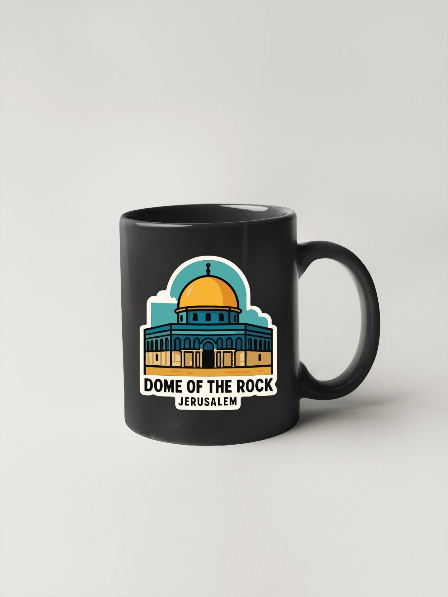 A black coffee mug with a graphic of the Dome of the Rock in Jerusalem.