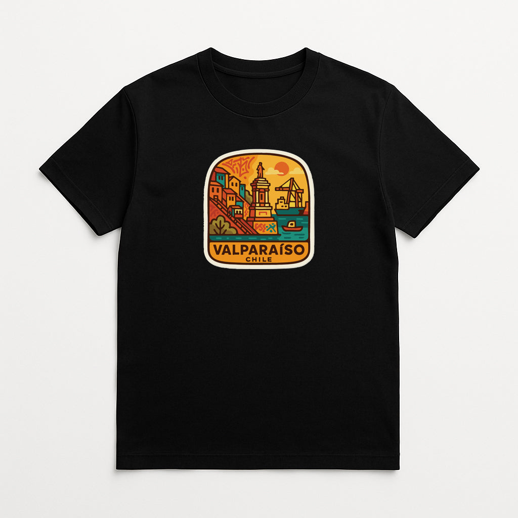 A black t-shirt with a colorful graphic design depicting a cityscape and the text "VALPARAISO" prominently displayed.